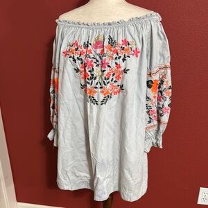 Fun and bright embroidery colors on a light blue material.